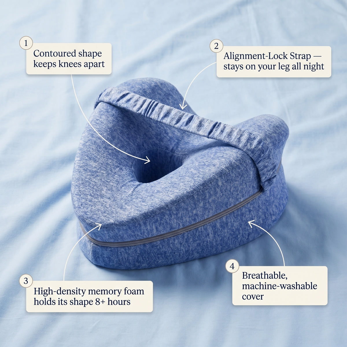 Labeled features of the Stay-Put knee pillow: contoured shape, alignment-lock strap, memory foam, washable cover