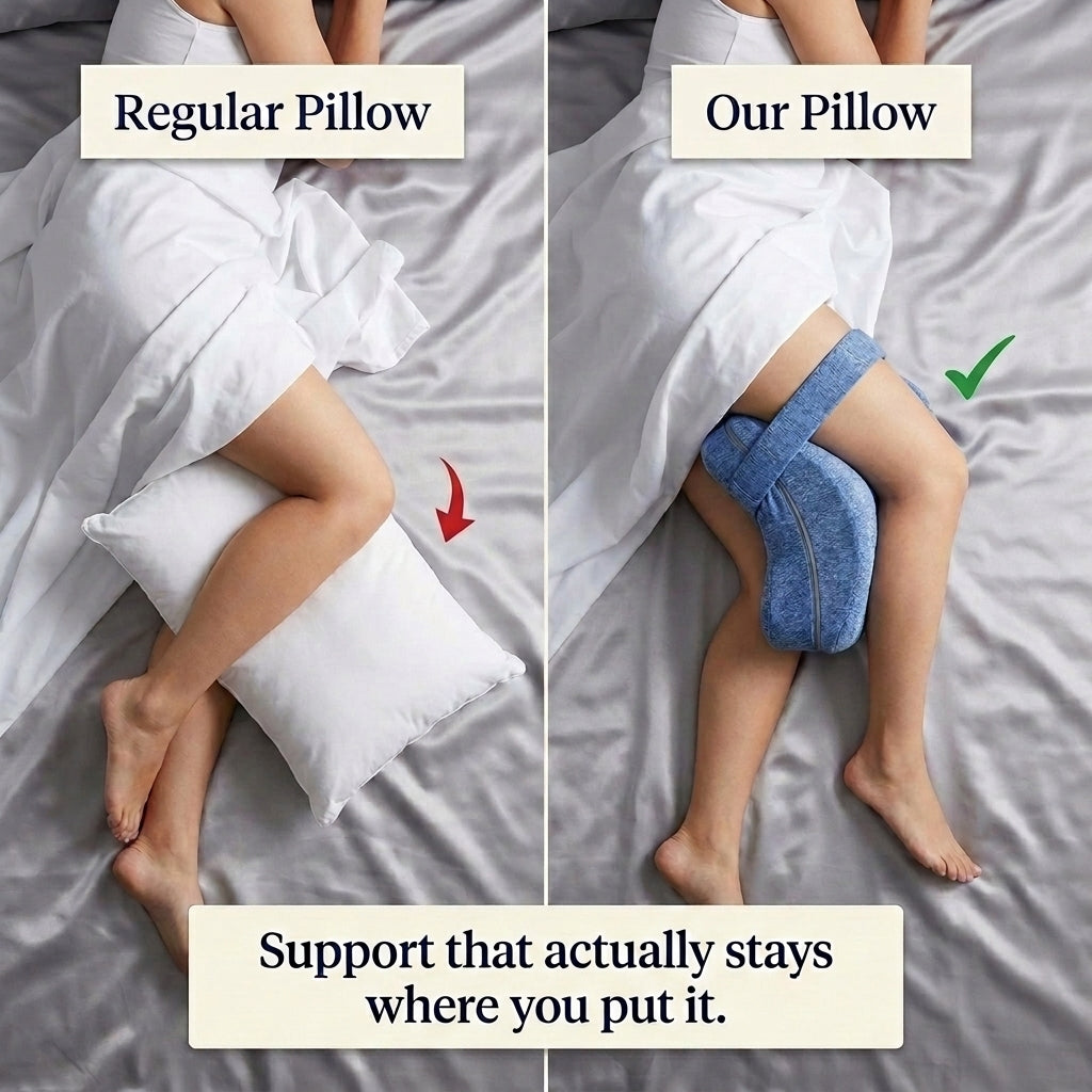 Stay-Put knee pillow that stays right where you strap it
