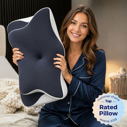 Woman holding a navy blue pillow with white accents, wearing matching pajamas, in a cozy bedroom setting.