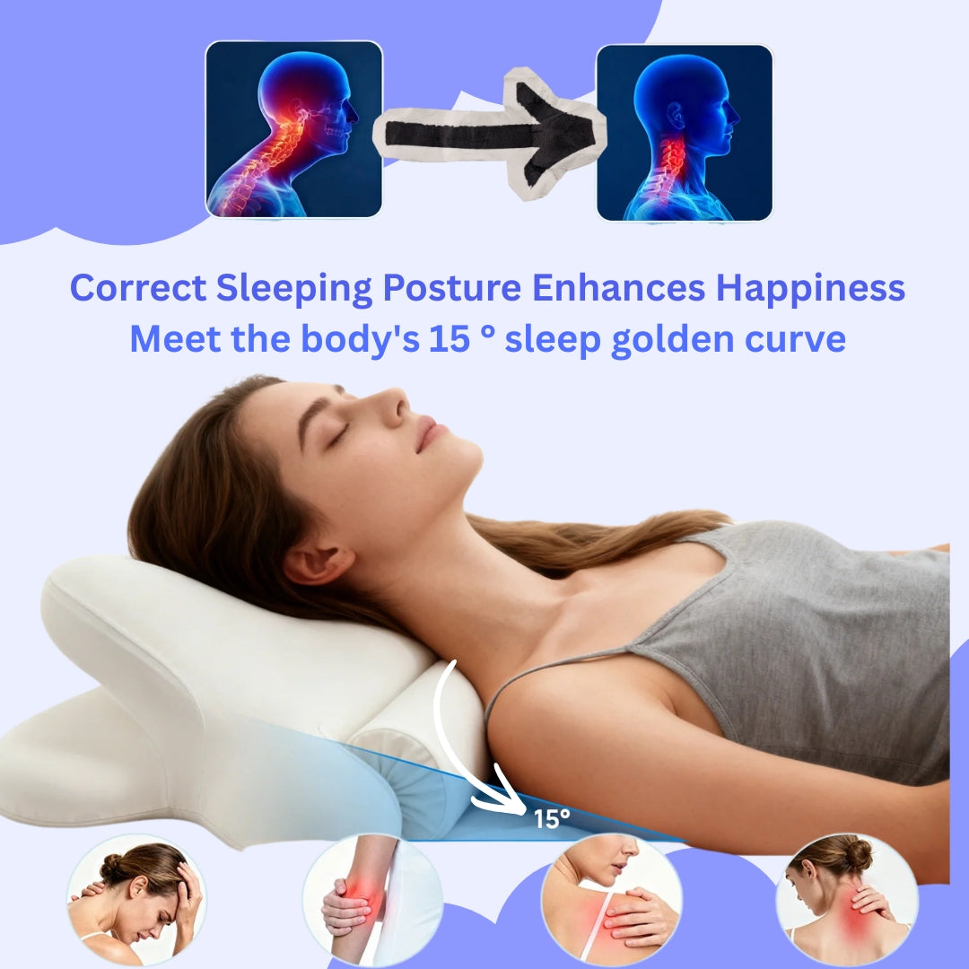 Woman lying on a pillow with text about correct sleeping posture and a 15-degree sleep golden curve.