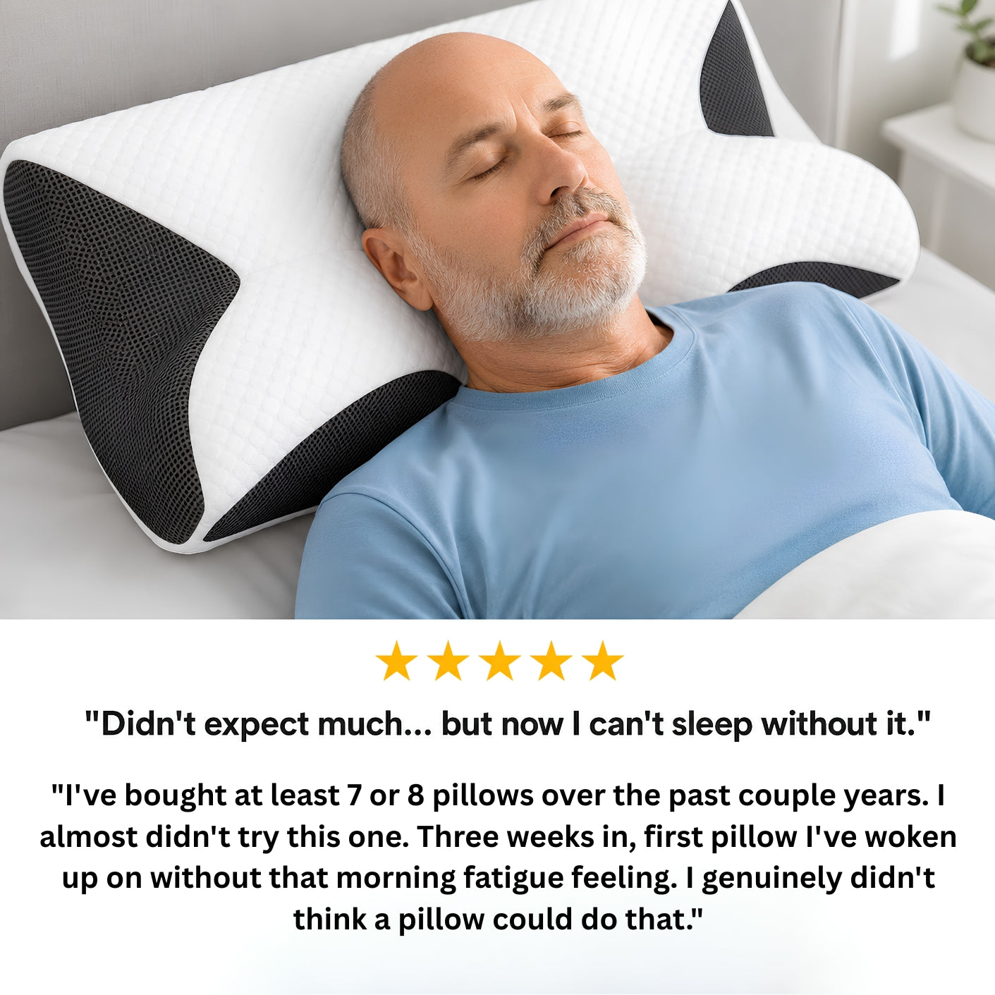 Man sleeping with a pillow, surrounded by text reviews.