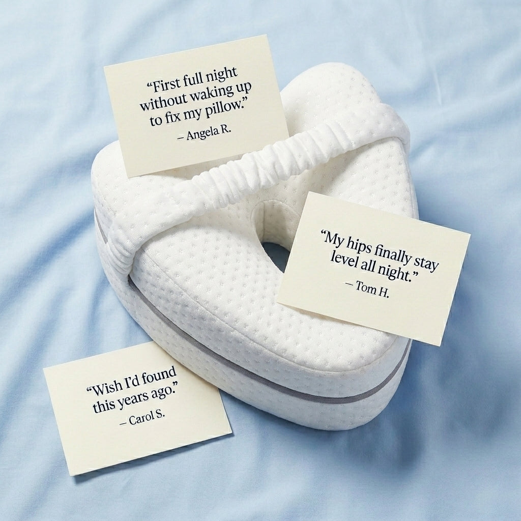 CozyNight Stay-Put knee pillow with verified buyer quote cards on a bed