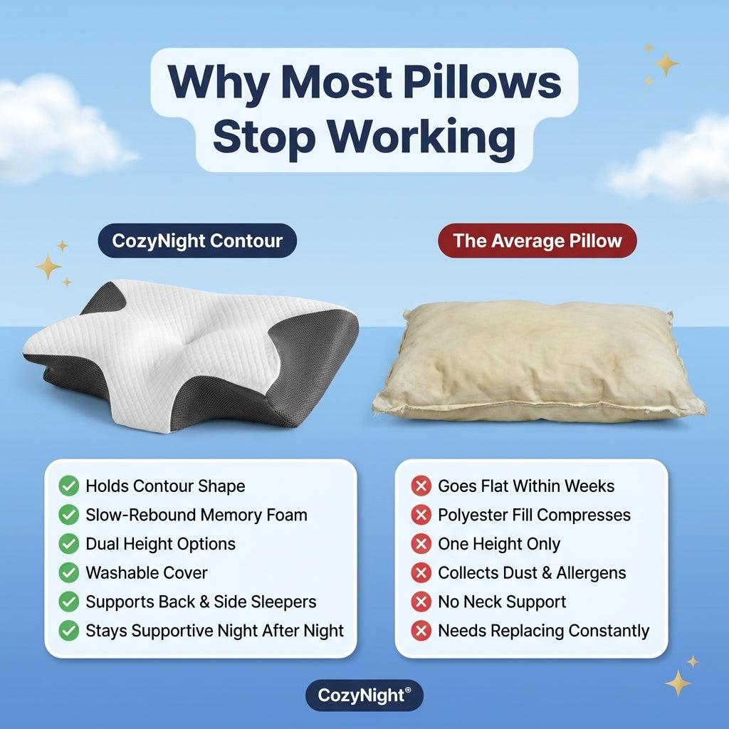 An infographic comparing CozyNight Contour pillows to 'The Average Pillow' on a light blue sky background. It shows a white and dark gray contoured pillow on the left and a flat beige pillow on the right, with text listing features and drawbacks of each type.