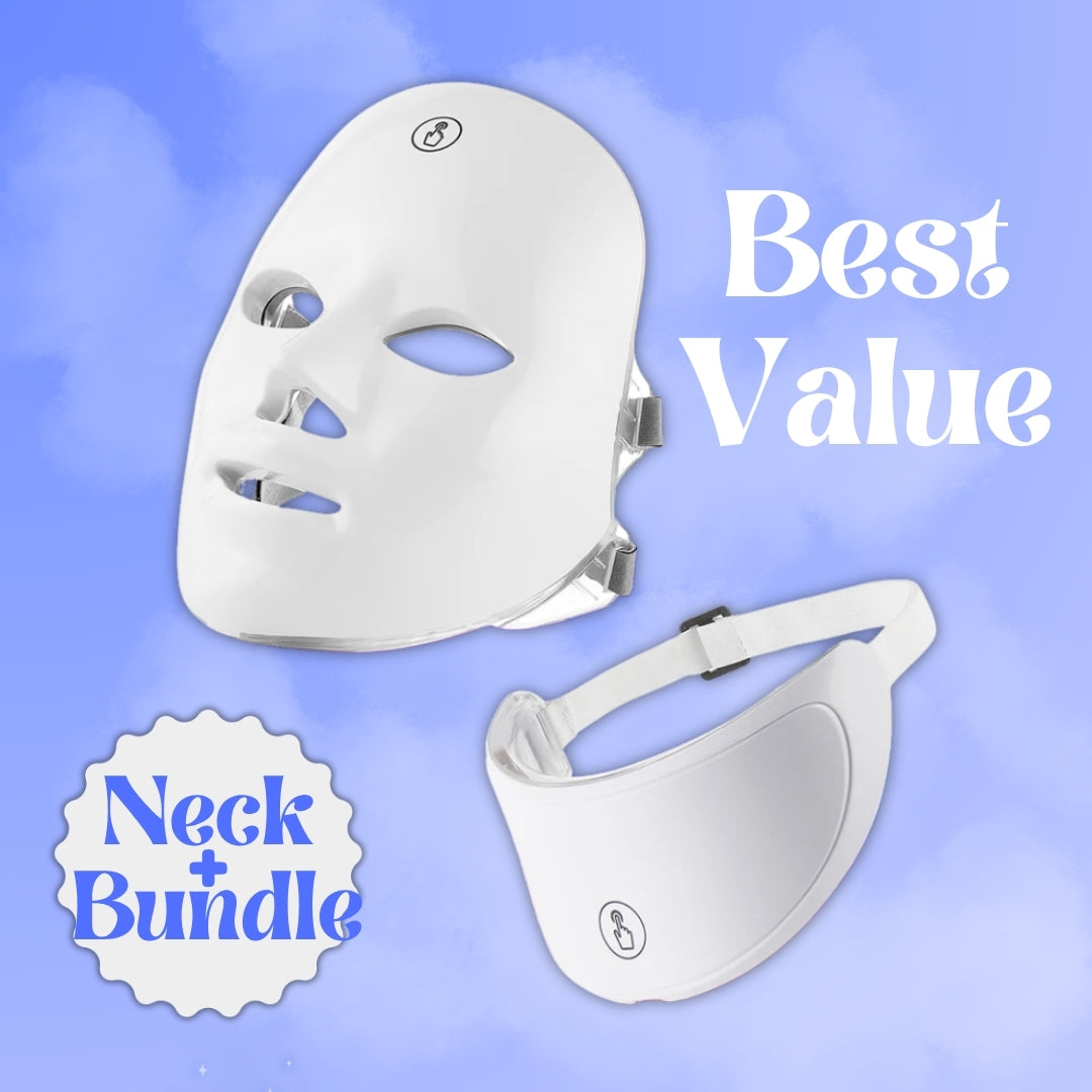 Premium white facial and neck mask bundle on a light blue background with 'Best Value' text.