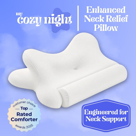 White neck relief pillow with 'my cozy night' branding on a blue background