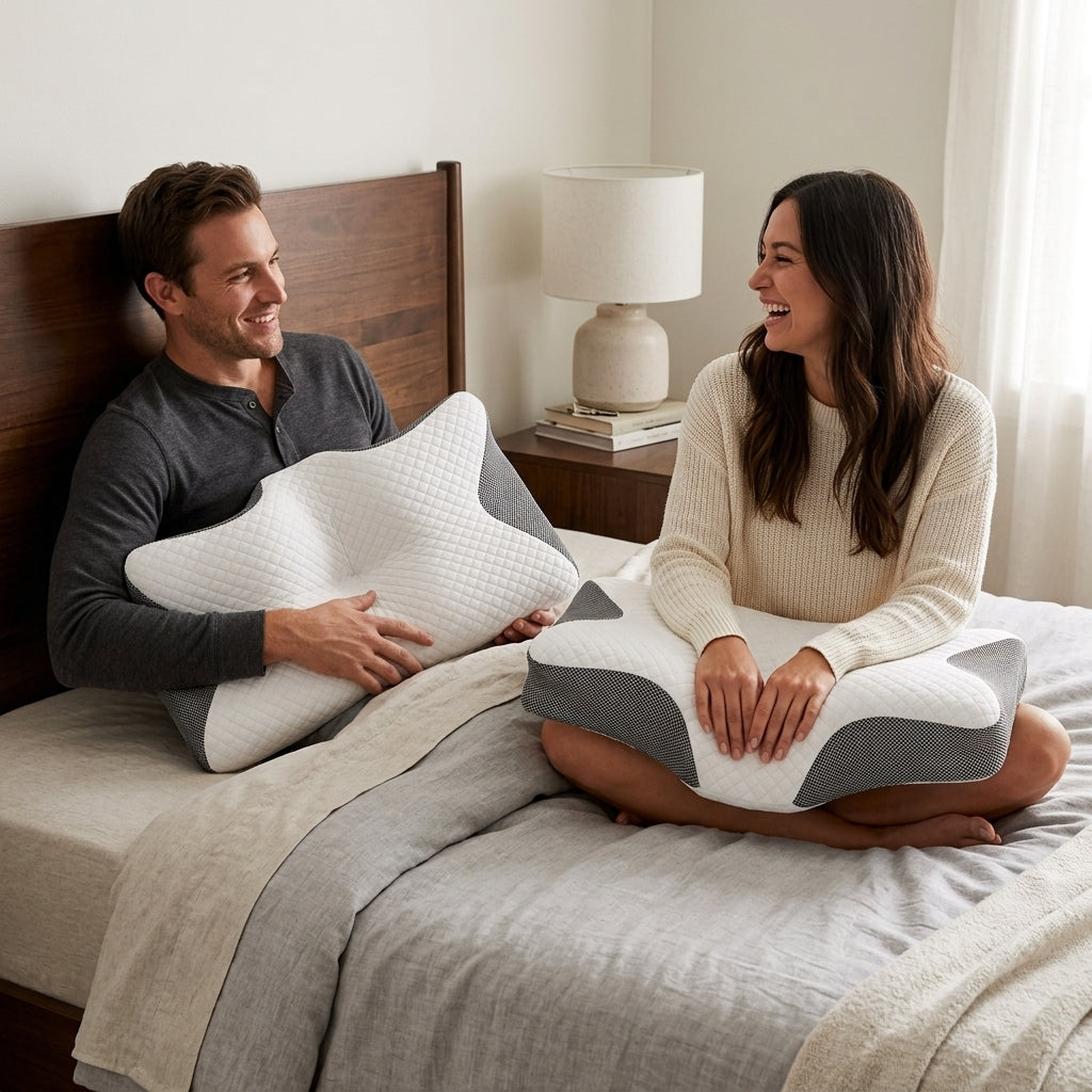 Couple on a bed holding CozyNight contour pillows