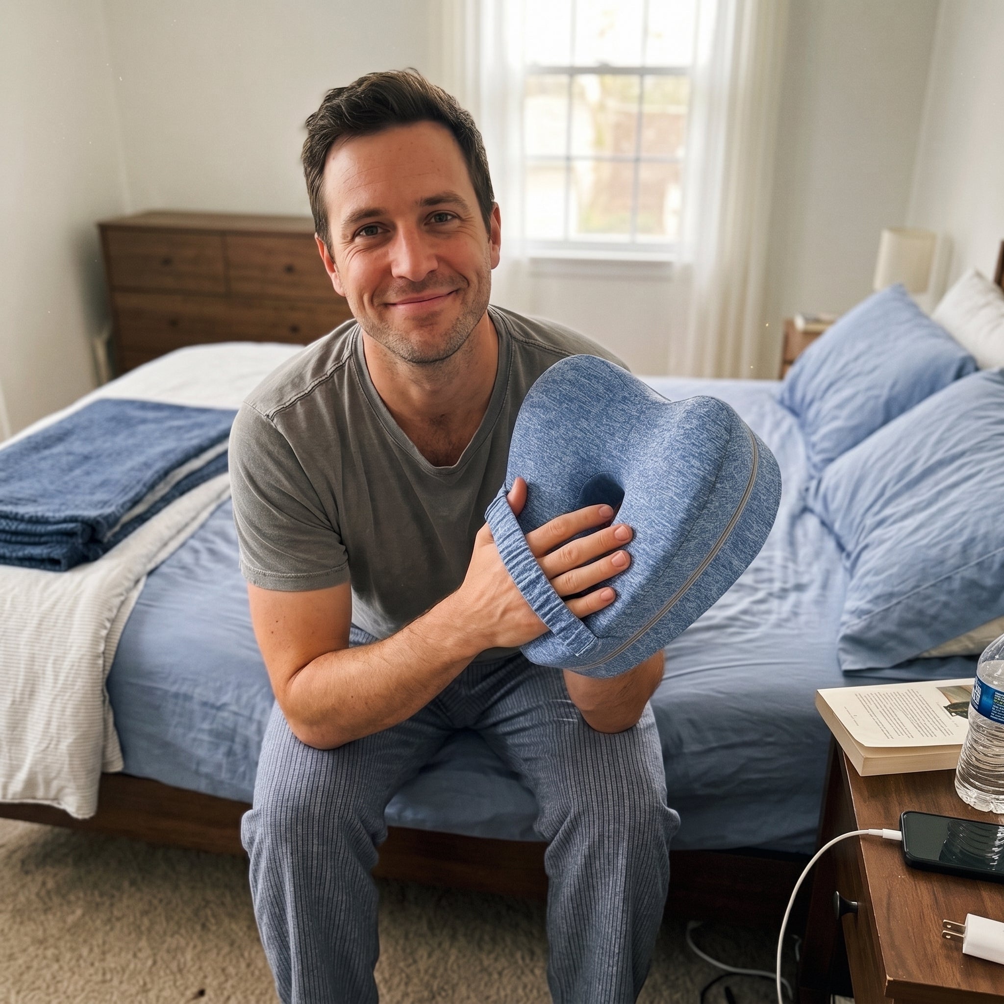 CozyNight founder holding the Contour Comfort Pillow beside a bed