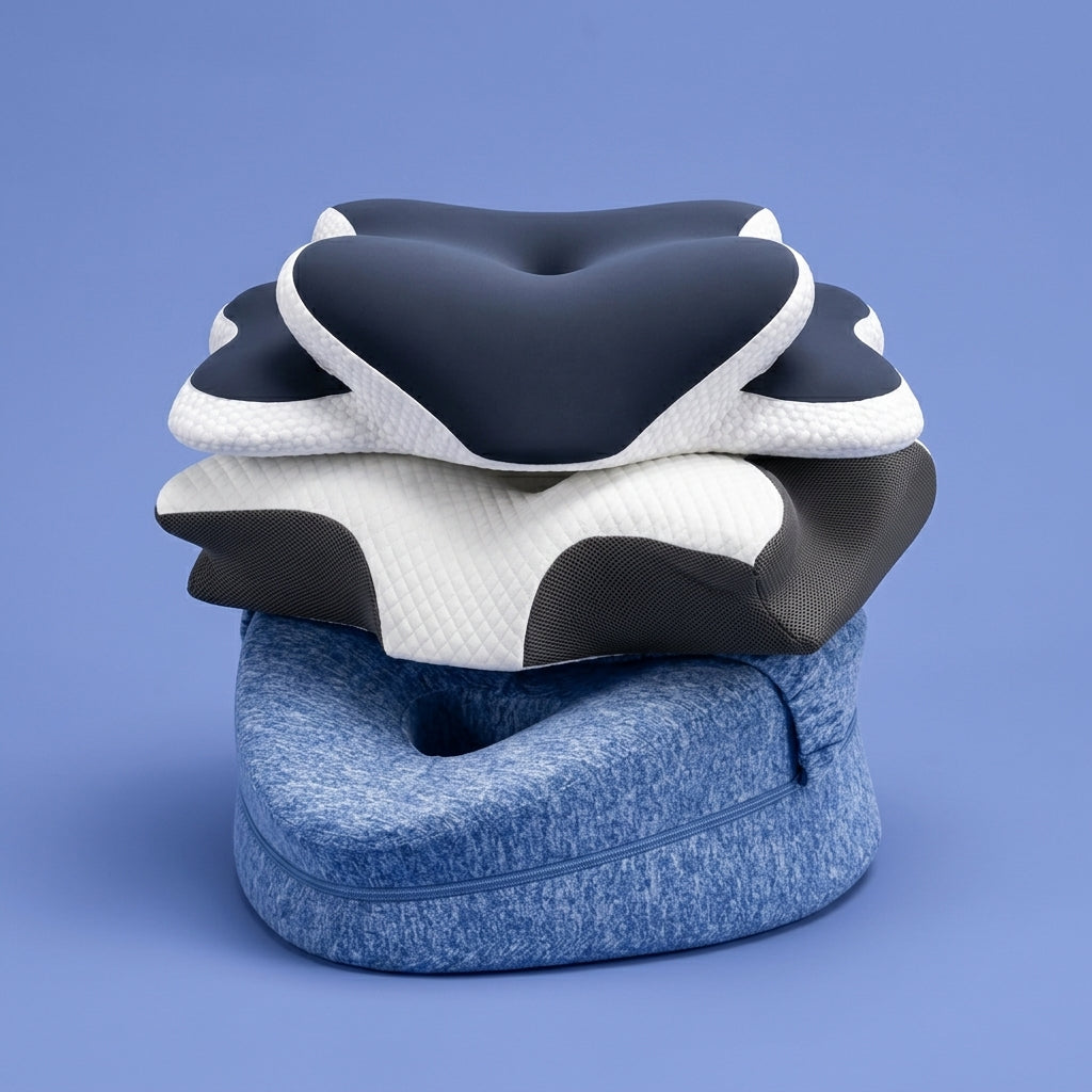 CozyNight Stay-Put Knee Cushion with customer testimonial cards from Angela R., Tom H., and Carol S.