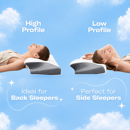 Two people lying on sleep pillows with text indicating profile types and sleep positions.