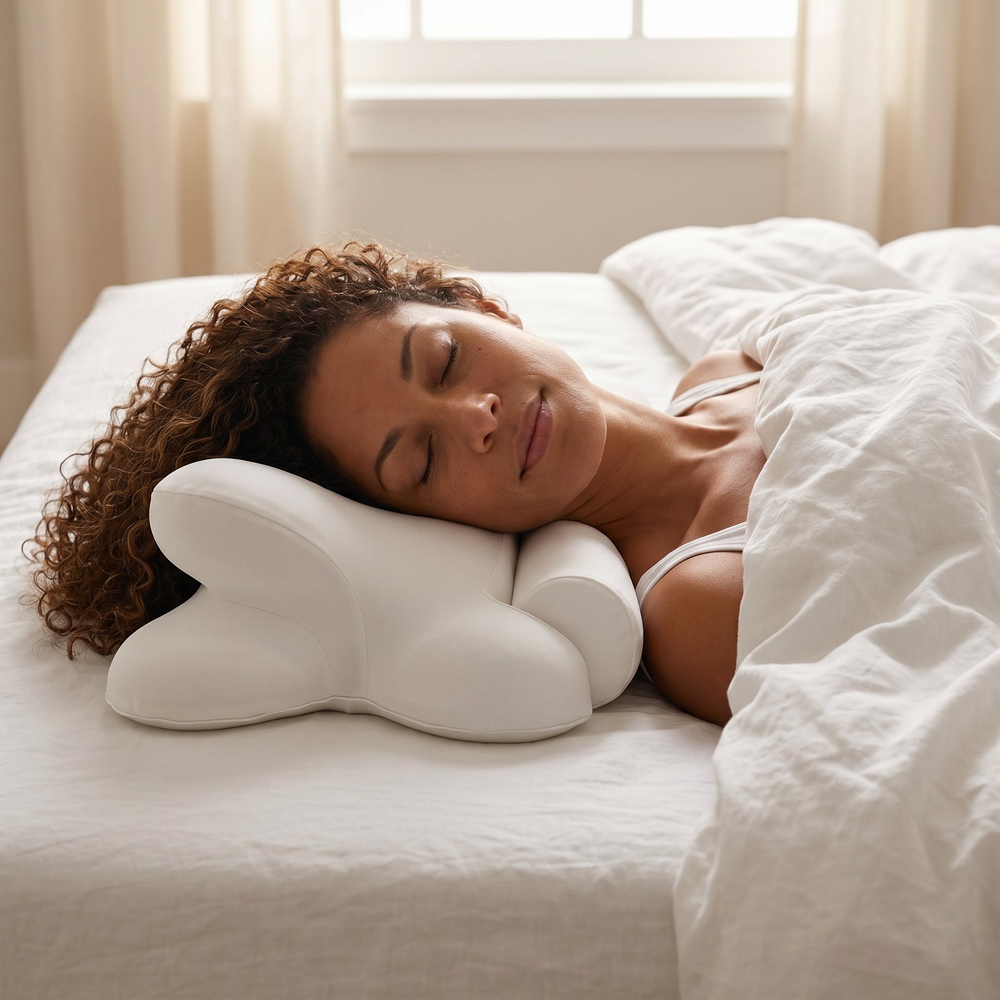 Woman sleeping with a white pillow in a softly lit bedroom