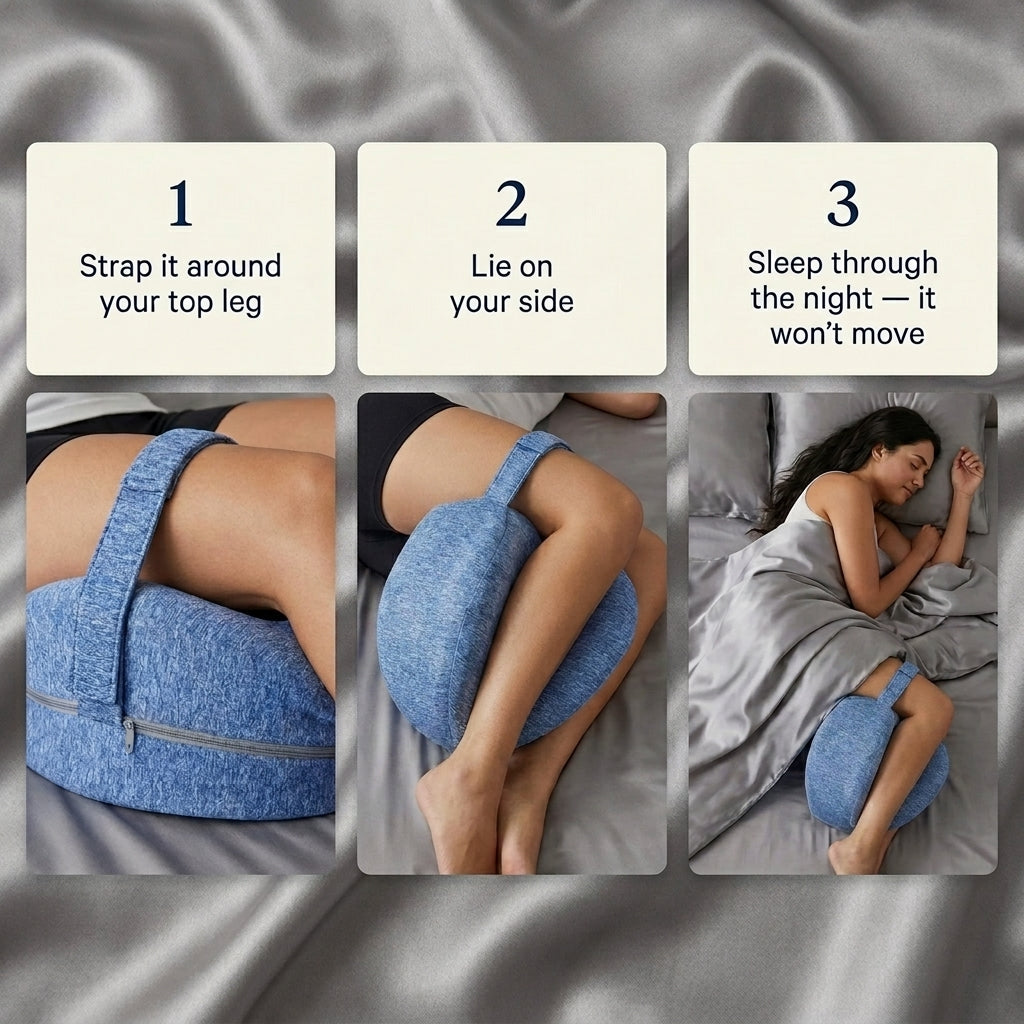 Motion diagram showing the knee pillow securing through left side, roll, and right side positions